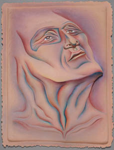 Painting of a pink and blue, upturned face with a wrinkled neck