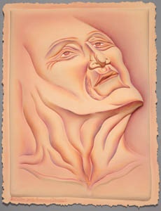 Painting of a yellow, upturned face with a wrinkled neck