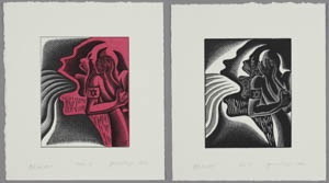Two prints, one in red, black, and white and one in black and white, each of a face in profile spewing something out of its mouth behind a figure covering its face with one hand