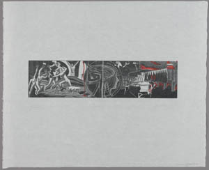 Black, white, and red panoramic print of figures inscribed in a circle flanked by figures fighting on the left and a slaughterhouse on the right