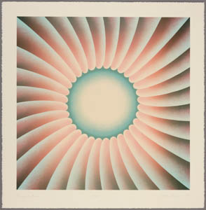 Print with a light blue circle framed with radiating pink petals