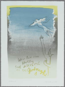 Blue, green, gray, and white print of a figure releasing a white bird into the sky with handwritten text below