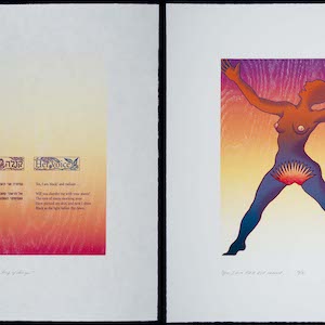 Two prints side by side where the one on the left has black type over a pink and yellow gradient and the one on the right has a nude Black woman standing with her arms raised