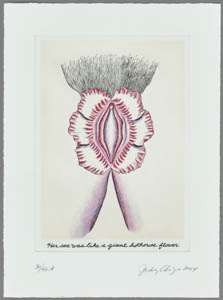 Print of a woman's pubic area with a vulva-like shape framed with large pink petals