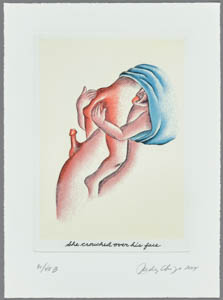 Print of a nude man and a woman embracing beneath a blue blanket