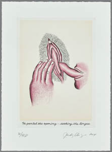 Print of a tongue shaped like a penis and a hand touching a vulva
