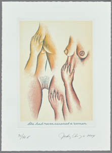 Print of three hands touching various body parts