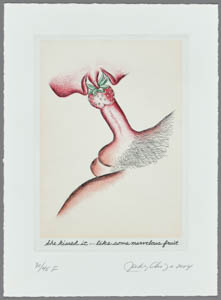 Print of a tongue touching the strawberry-shaped head of a penis