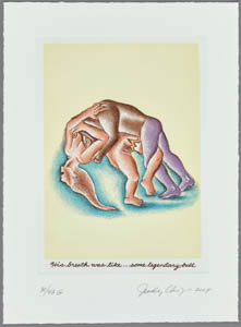 Print of a brown man with a wavy penis embracing and penetrating a lighter-skinned woman