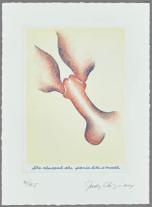 Print of two breast-like shapes touching either side of a penis