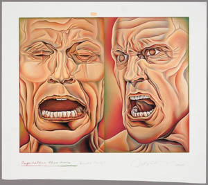 Print of two beige, ridged faces, one crying, one angry
