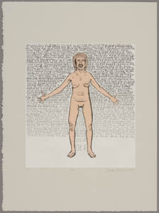 Print of Judy Chicago standing nude with her arms spread with a field of handwritten text behind her