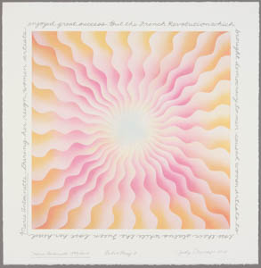 Print of wavy lines in pink and yellow gradients emanating from a white center with handwritten black text round the edges