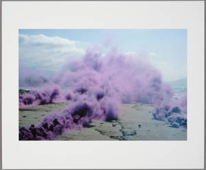 Print of plumes of purple smoke rising from a desert landscape