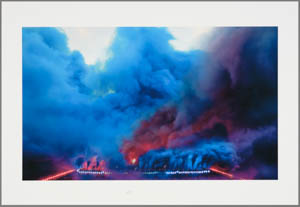 A row of three prints, each depicting a different scene of blue, purple, or pink smoke