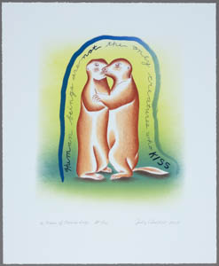 Print of two prairie dogs standing upright and kissing with handwritten text framing them