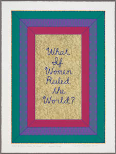 Print with handwritten text in the center framed in rectangles of magenta, a purple pattern, and green