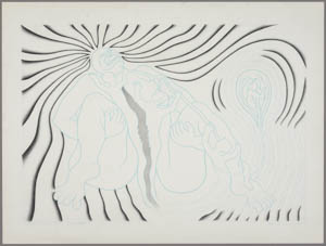 Black-and-white drawing of radiating lines around a woman giving birth and a fetus in a womb