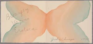 Print with a pale orange and blue butterfly shape with black, handwritten text over it