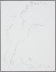 Black-and-white drawing of two raised heads and three breasts