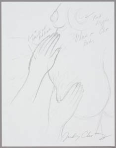 Black-and-white drawing of two hands touching a pregnant belly