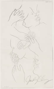 Black-and-white drawing with a mix of faces and hands kissing and caressing breasts and vulvas