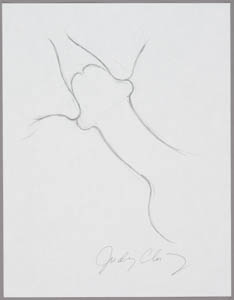 Black-and-white drawing of two organic forms touching either side of a penis
