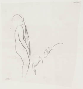 Black-and-white drawing of a nude figure with their hands tucked between their legs