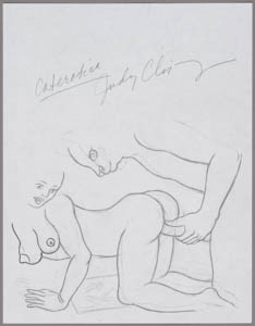 Black-and-white drawing of a man with a cat's face inserting his penis into the vagina of a kneeling woman