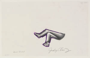 Black, white, and purple drawing of a pair of crossed legs