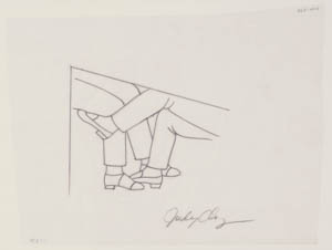 Black-and-white drawing of two pairs of legs touching under a table