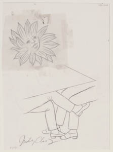 Black-and-white drawing and collage of a sun over two pairs of legs touching under a table