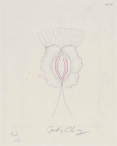 Black, white, and red drawing of a vulva ringed with flower petals and with wavy lines radiating upwards above
