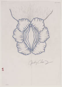 Blue, black, and white drawing of a vulva ringed with flower petals