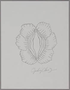 Black-and-gray drawing of a vulva framed with petals