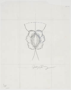 Black-and-white drawing of a vulva ringed with flower petals