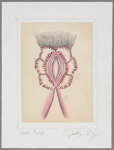 Print of a pink vulva framed with red petals and topped with black pubic hair