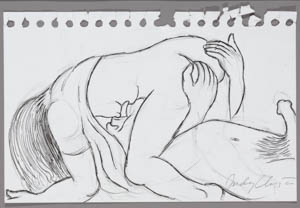 Black-and-white drawing of a woman kneeling over a reclining man with an erect penis as he licks her breasts