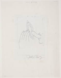 Black-and-white drawing of a hand and a penis-shaped tongue reaching toward a vulva
