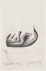Black, white, and purple drawing of a shaded oval shape with white cutouts for legs and a woman's torso