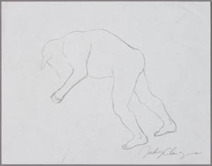 Black-and-white drawing of a figure with the head and forelegs of a bull and the hind legs of a person