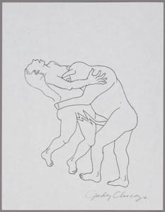 Black-and-white drawing of a figure with the head and forelegs of a bull and the hind legs of a person embracing and penetrating a woman