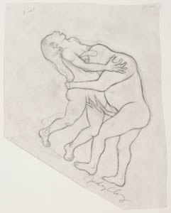 Black-and-white drawing of a nude woman embracing a figure with a bull's head and torso who is penetrating her with a penis shaped like a zig zag