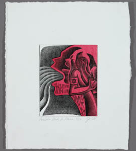 Red, black, and white print of a face in profile spewing something out of its mouth behind a figure covering its face with one hand