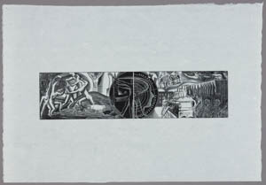 Black-and-white panoramic print of figures inscribed in a circle flanked by figures fighting on the left and a slaughterhouse on the right