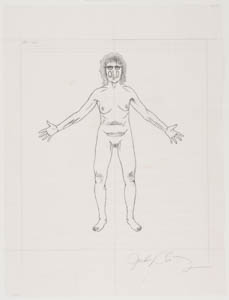 Black-and-white drawing of Judy Chicago standing nude with outstretched arms