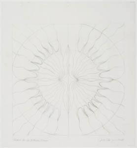Black-and-white drawing of a central, vulva-like shape surrounded by wavy, radiating tendrils