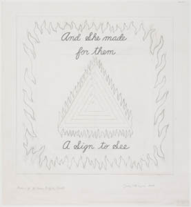Black-and-white drawing of a triangle edged with flames with handwritten text above and below in a square edged with flames