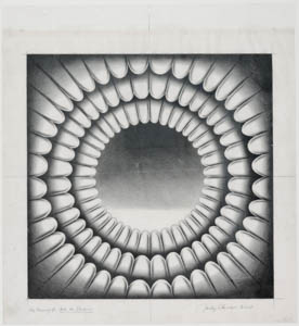Black-and-white drawing of three concentric circles of petal-like shapes radiating from a gradient center circle