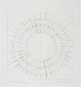 Black-and-white drawing of three concentric circles of petal-like shapes